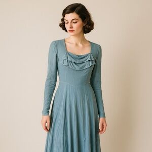 VINTAGE 1950s Light Blue Crushed Velvet Circle Skirt Dress Mrs. Maisel XS/S